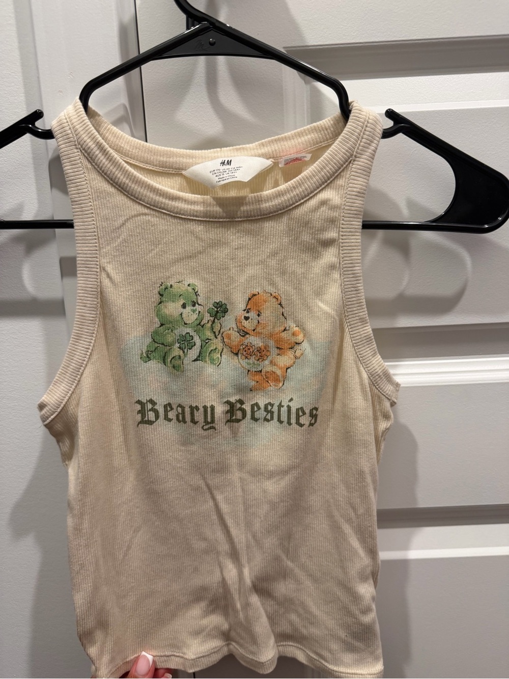 H&M Cream Tank Top with Green & Orange Bear Graphic